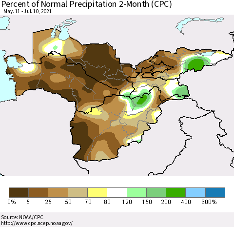 Central Asia Percent of Normal Precipitation 2-Month (CPC) Thematic Map For 5/11/2021 - 7/10/2021