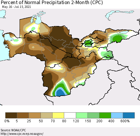 Central Asia Percent of Normal Precipitation 2-Month (CPC) Thematic Map For 5/16/2021 - 7/15/2021