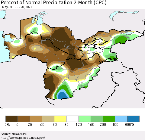 Central Asia Percent of Normal Precipitation 2-Month (CPC) Thematic Map For 5/21/2021 - 7/20/2021