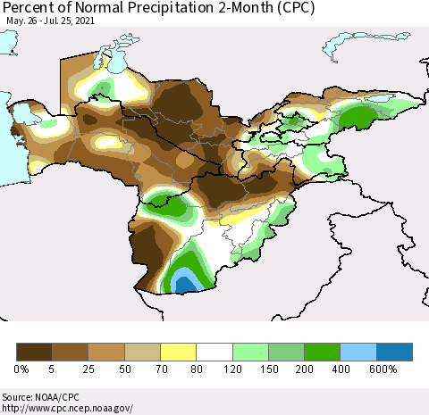 Central Asia Percent of Normal Precipitation 2-Month (CPC) Thematic Map For 5/26/2021 - 7/25/2021