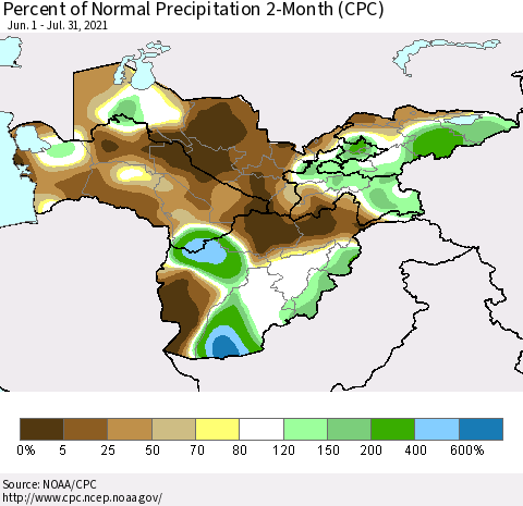 Central Asia Percent of Normal Precipitation 2-Month (CPC) Thematic Map For 6/1/2021 - 7/31/2021