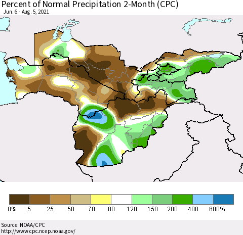 Central Asia Percent of Normal Precipitation 2-Month (CPC) Thematic Map For 6/6/2021 - 8/5/2021