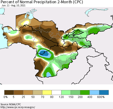 Central Asia Percent of Normal Precipitation 2-Month (CPC) Thematic Map For 6/11/2021 - 8/10/2021