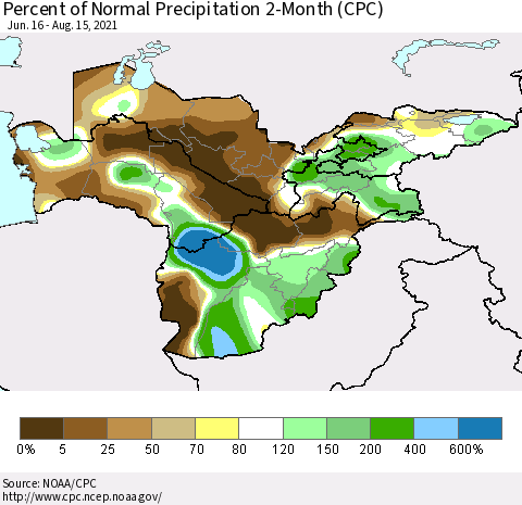 Central Asia Percent of Normal Precipitation 2-Month (CPC) Thematic Map For 6/16/2021 - 8/15/2021