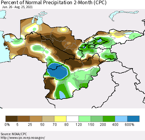Central Asia Percent of Normal Precipitation 2-Month (CPC) Thematic Map For 6/26/2021 - 8/25/2021