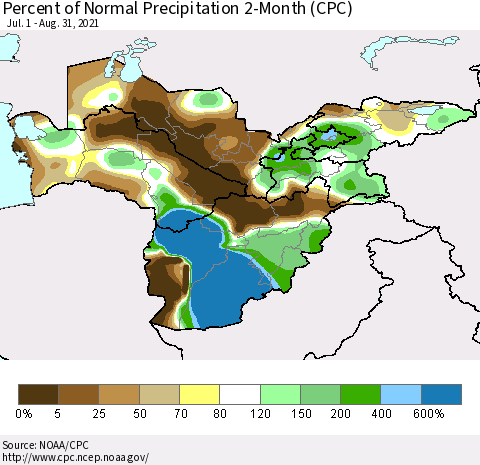 Central Asia Percent of Normal Precipitation 2-Month (CPC) Thematic Map For 7/1/2021 - 8/31/2021