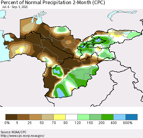 Central Asia Percent of Normal Precipitation 2-Month (CPC) Thematic Map For 7/6/2021 - 9/5/2021