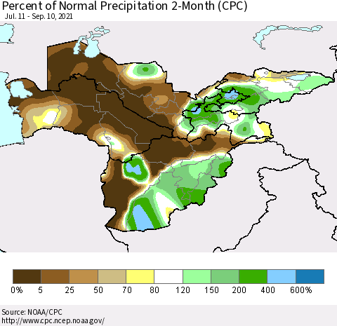 Central Asia Percent of Normal Precipitation 2-Month (CPC) Thematic Map For 7/11/2021 - 9/10/2021