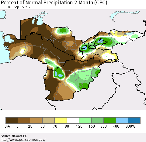 Central Asia Percent of Normal Precipitation 2-Month (CPC) Thematic Map For 7/16/2021 - 9/15/2021