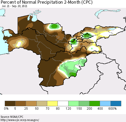 Central Asia Percent of Normal Precipitation 2-Month (CPC) Thematic Map For 7/21/2021 - 9/20/2021