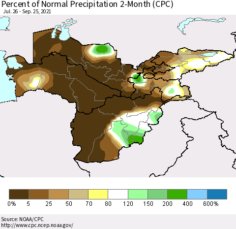 Central Asia Percent of Normal Precipitation 2-Month (CPC) Thematic Map For 7/26/2021 - 9/25/2021