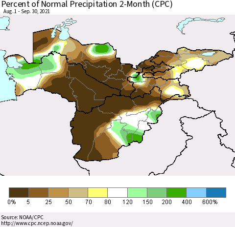 Central Asia Percent of Normal Precipitation 2-Month (CPC) Thematic Map For 8/1/2021 - 9/30/2021