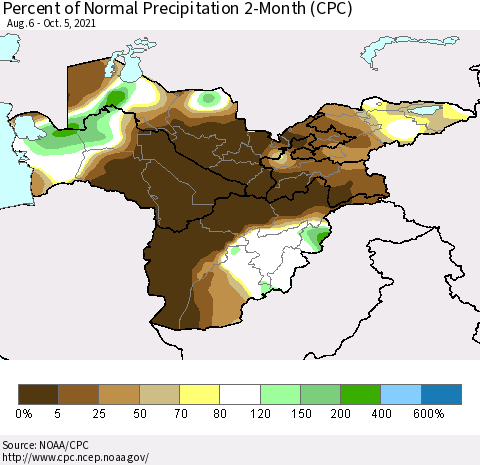 Central Asia Percent of Normal Precipitation 2-Month (CPC) Thematic Map For 8/6/2021 - 10/5/2021