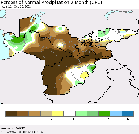 Central Asia Percent of Normal Precipitation 2-Month (CPC) Thematic Map For 8/11/2021 - 10/10/2021