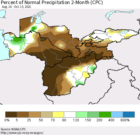 Central Asia Percent of Normal Precipitation 2-Month (CPC) Thematic Map For 8/16/2021 - 10/15/2021