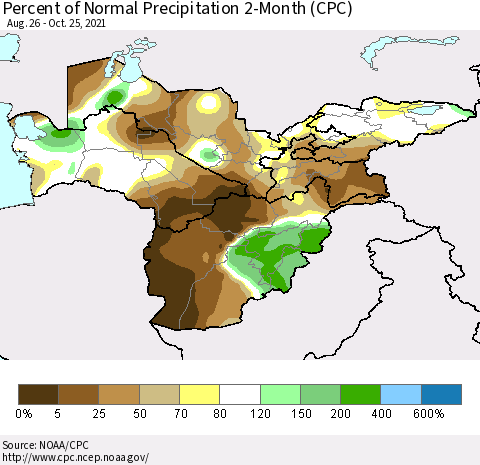 Central Asia Percent of Normal Precipitation 2-Month (CPC) Thematic Map For 8/26/2021 - 10/25/2021