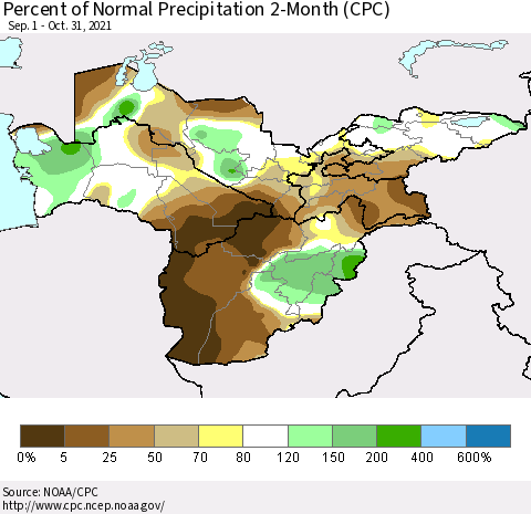 Central Asia Percent of Normal Precipitation 2-Month (CPC) Thematic Map For 9/1/2021 - 10/31/2021