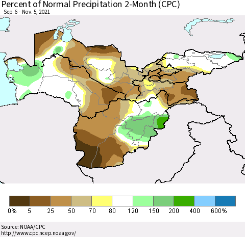 Central Asia Percent of Normal Precipitation 2-Month (CPC) Thematic Map For 9/6/2021 - 11/5/2021