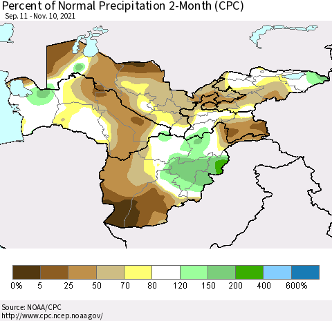 Central Asia Percent of Normal Precipitation 2-Month (CPC) Thematic Map For 9/11/2021 - 11/10/2021