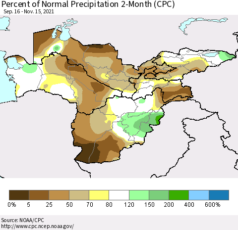 Central Asia Percent of Normal Precipitation 2-Month (CPC) Thematic Map For 9/16/2021 - 11/15/2021