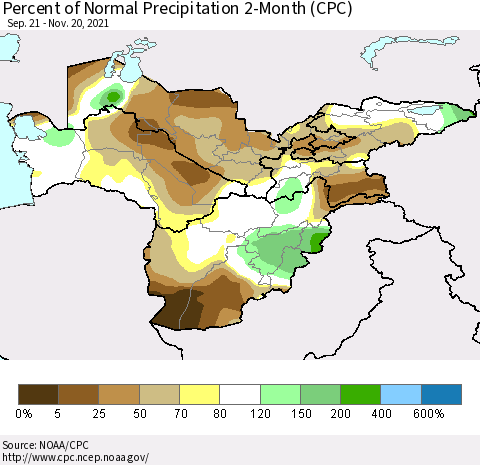 Central Asia Percent of Normal Precipitation 2-Month (CPC) Thematic Map For 9/21/2021 - 11/20/2021