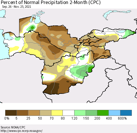 Central Asia Percent of Normal Precipitation 2-Month (CPC) Thematic Map For 9/26/2021 - 11/25/2021