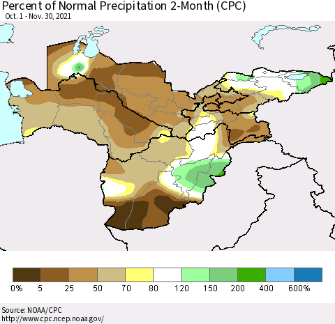 Central Asia Percent of Normal Precipitation 2-Month (CPC) Thematic Map For 10/1/2021 - 11/30/2021