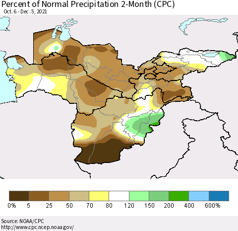 Central Asia Percent of Normal Precipitation 2-Month (CPC) Thematic Map For 10/6/2021 - 12/5/2021