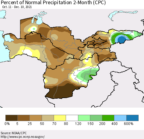 Central Asia Percent of Normal Precipitation 2-Month (CPC) Thematic Map For 10/11/2021 - 12/10/2021