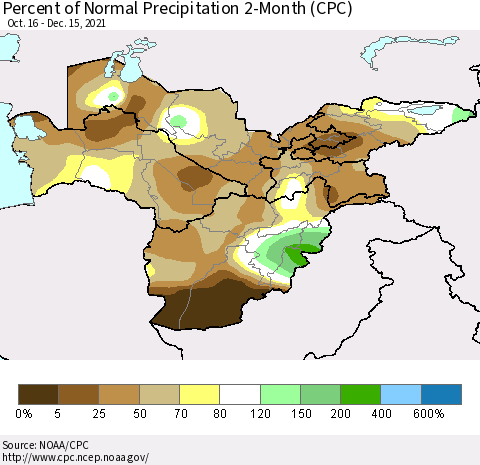 Central Asia Percent of Normal Precipitation 2-Month (CPC) Thematic Map For 10/16/2021 - 12/15/2021