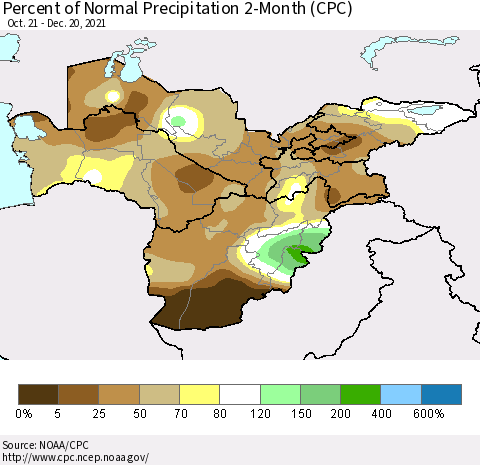 Central Asia Percent of Normal Precipitation 2-Month (CPC) Thematic Map For 10/21/2021 - 12/20/2021