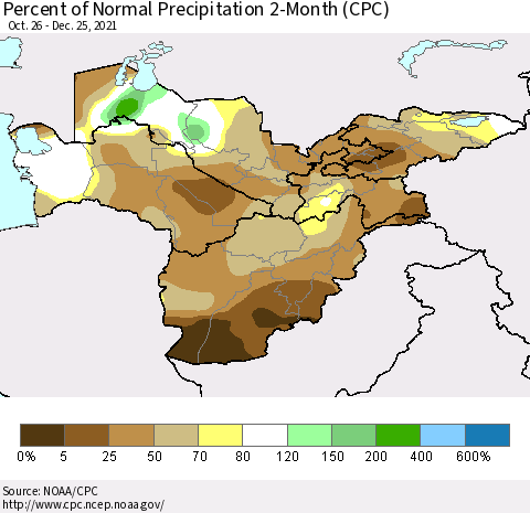 Central Asia Percent of Normal Precipitation 2-Month (CPC) Thematic Map For 10/26/2021 - 12/25/2021