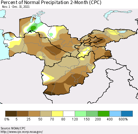 Central Asia Percent of Normal Precipitation 2-Month (CPC) Thematic Map For 11/1/2021 - 12/31/2021