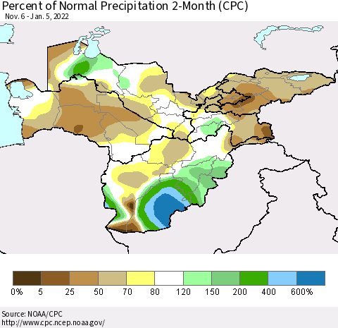 Central Asia Percent of Normal Precipitation 2-Month (CPC) Thematic Map For 11/6/2021 - 1/5/2022