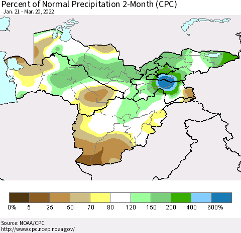 Central Asia Percent of Normal Precipitation 2-Month (CPC) Thematic Map For 1/21/2022 - 3/20/2022