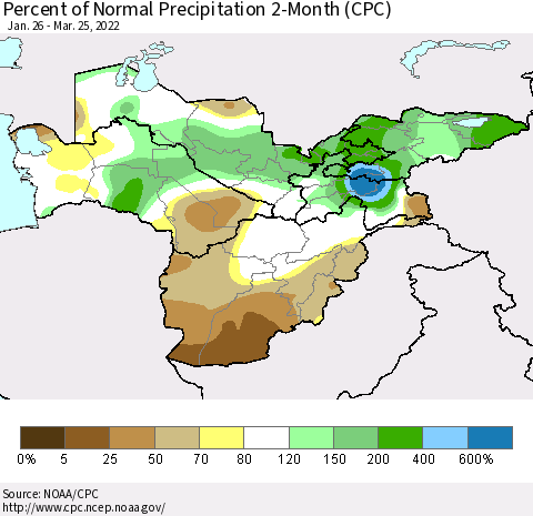 Central Asia Percent of Normal Precipitation 2-Month (CPC) Thematic Map For 1/26/2022 - 3/25/2022