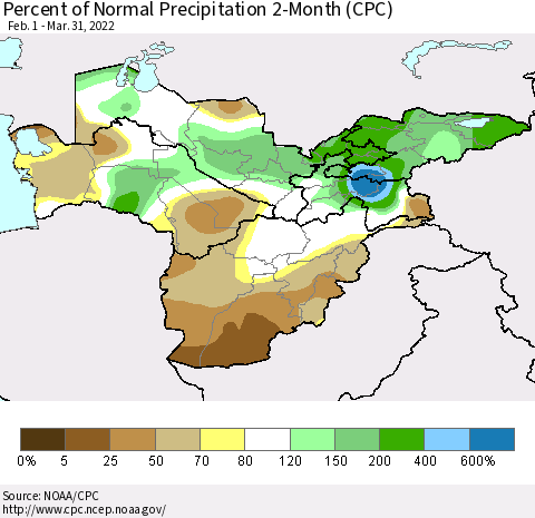 Central Asia Percent of Normal Precipitation 2-Month (CPC) Thematic Map For 2/1/2022 - 3/31/2022
