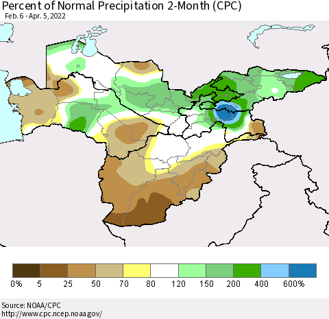 Central Asia Percent of Normal Precipitation 2-Month (CPC) Thematic Map For 2/6/2022 - 4/5/2022