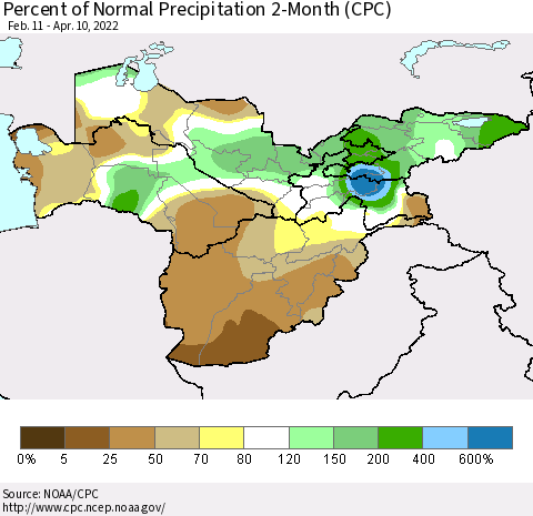 Central Asia Percent of Normal Precipitation 2-Month (CPC) Thematic Map For 2/11/2022 - 4/10/2022