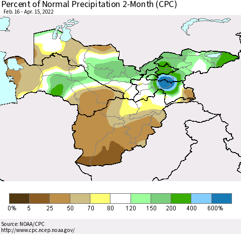 Central Asia Percent of Normal Precipitation 2-Month (CPC) Thematic Map For 2/16/2022 - 4/15/2022
