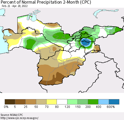 Central Asia Percent of Normal Precipitation 2-Month (CPC) Thematic Map For 2/21/2022 - 4/20/2022