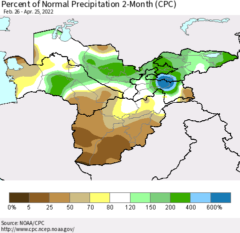 Central Asia Percent of Normal Precipitation 2-Month (CPC) Thematic Map For 2/26/2022 - 4/25/2022