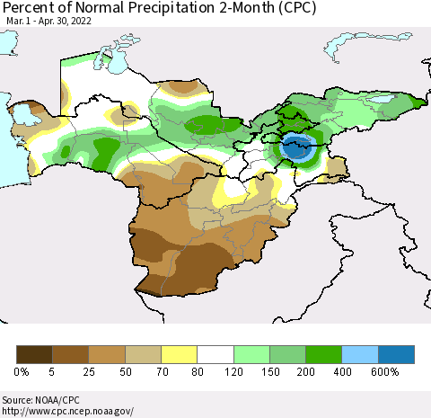 Central Asia Percent of Normal Precipitation 2-Month (CPC) Thematic Map For 3/1/2022 - 4/30/2022