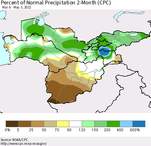 Central Asia Percent of Normal Precipitation 2-Month (CPC) Thematic Map For 3/6/2022 - 5/5/2022