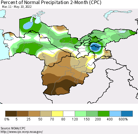 Central Asia Percent of Normal Precipitation 2-Month (CPC) Thematic Map For 3/11/2022 - 5/10/2022