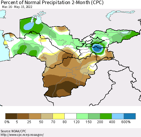 Central Asia Percent of Normal Precipitation 2-Month (CPC) Thematic Map For 3/16/2022 - 5/15/2022