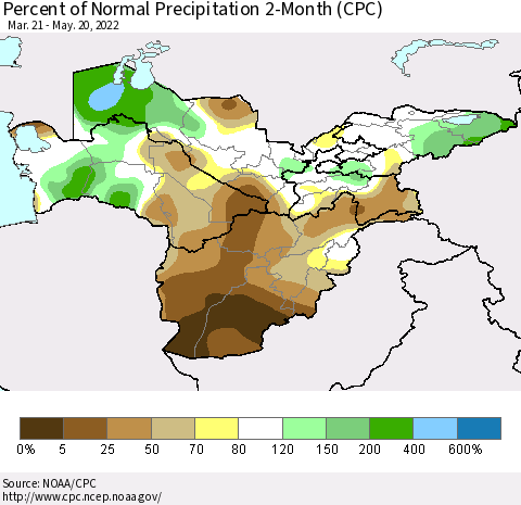 Central Asia Percent of Normal Precipitation 2-Month (CPC) Thematic Map For 3/21/2022 - 5/20/2022