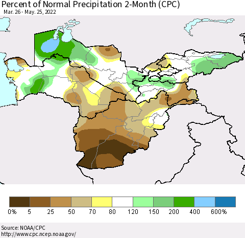 Central Asia Percent of Normal Precipitation 2-Month (CPC) Thematic Map For 3/26/2022 - 5/25/2022