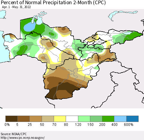 Central Asia Percent of Normal Precipitation 2-Month (CPC) Thematic Map For 4/1/2022 - 5/31/2022