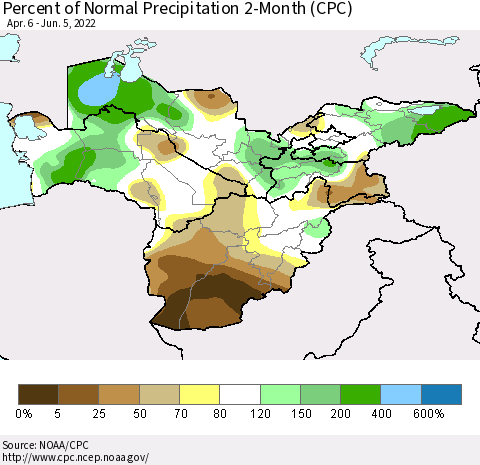 Central Asia Percent of Normal Precipitation 2-Month (CPC) Thematic Map For 4/6/2022 - 6/5/2022